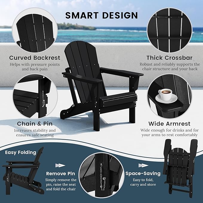Westin Outdoors Laguna WO Outdoor Adirondack Folding Patio Chairs 8 PCS Set Retro Beach Aesthetic for Backyard, Lawn, Patio, Deck, Garden, Weather Resistant Polyethylene Plastic Lounger (Black)