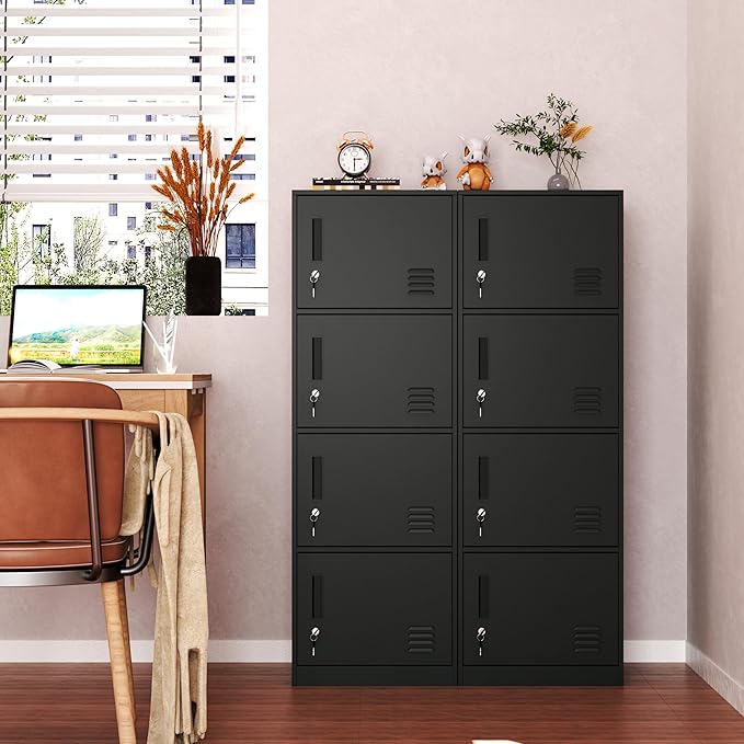 4 Door Metal Storage Locker Cabinet for Office, Home, Gym, School, Steel Cabinet to Storage File, Toys, Shoes and Sports Equipment, Locker Organizer for Gym Office Bedroom (4 Door, Black)