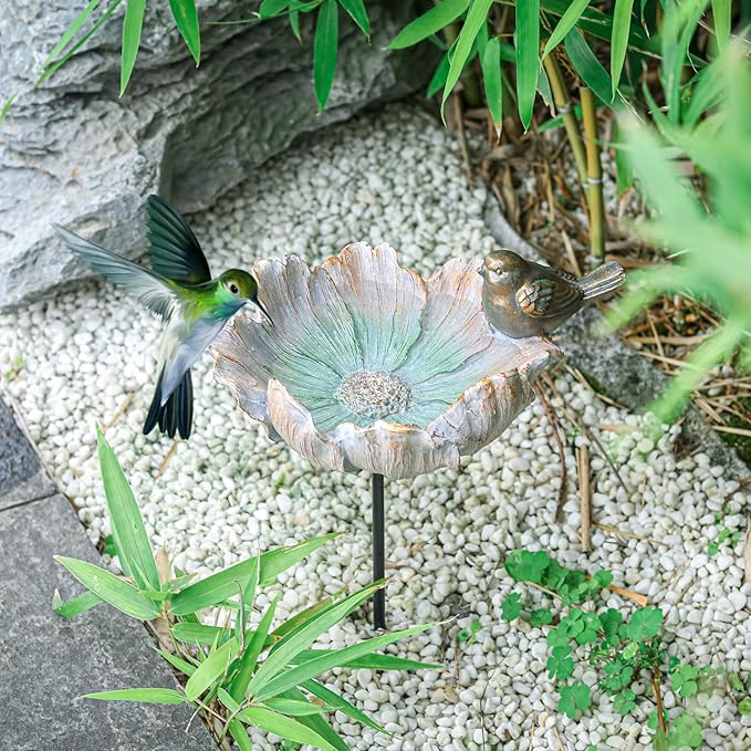 MUMTOP Outdoor Antique Bird Bath Small Flower Bird Baths Bowl Resin Birdbaths for The Garden with Metal Stake
