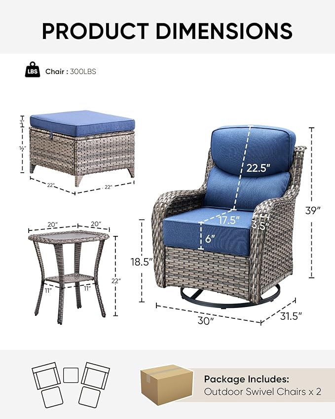 HUMMUH Wicker Patio Furniture Set 6inch Thick Cushion Deep Seat Outdoor Swivel Rocker Patio Chairs Set of 2 with Ottomans Conversation Set for Porch Garden Deck