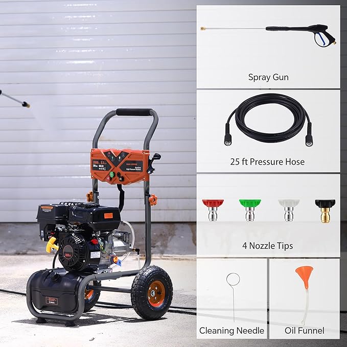 3500 PSI Gas Pressure Washer, 2.3 GPM High Power Washer with 209CC Engine, 25FT Hose, 4 Quick-Connect Nozzles, for Cleaning Walls, Vehicles, Gardens, Driveways, Concrete(Orange)