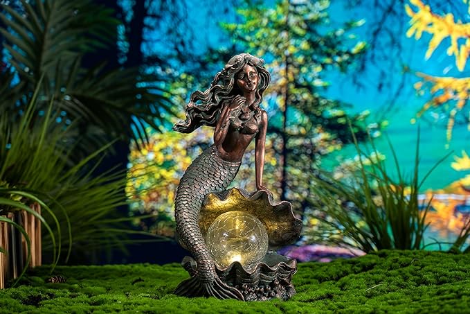 TERESA'S COLLECTIONS Mermaid Garden Statues with Solar Outdoor Lights for Outdoor Decor, Bronze Patina Fairy Sculptures & Statues Christmas Decorations, Garden Decor Gifts for Mom Yard Decor, 13"