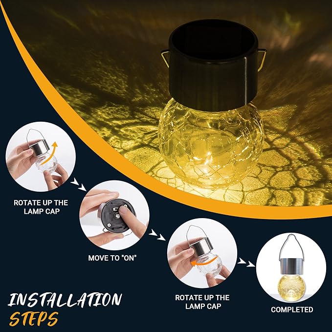 GIGALUMI 8 Pack Solar Outdoor Hanging Lights - Warm White LED, Water Resistant, Glass, Rechargeable Battery