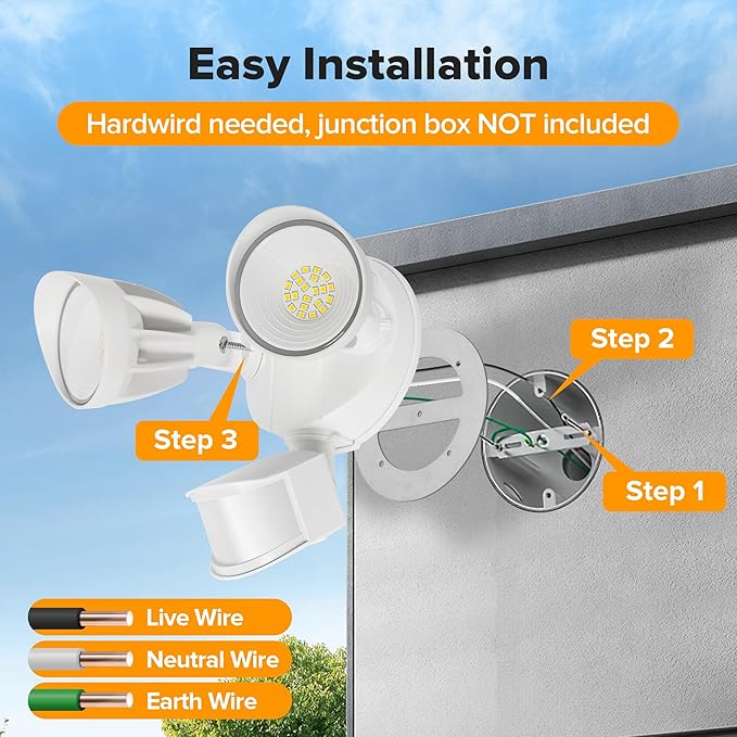 UME LED Security Light Motion Sensor Outdoor Lights, 27W 3000LM, 5000K, IP65 Waterproof, Dusk to Dawn, 2 Head Motion Detector Flood Light for Outside, Garage, Yard (White)