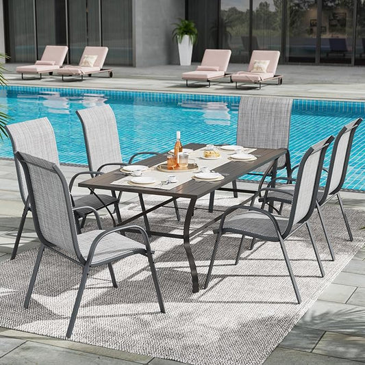 UDPATIO Patio Dining Set of 7, Outdoor Table and Chairs Set with Square Metal Table, 6 Stackable Patio Chairs with High Back, Outdoor Furniture for Deck Garden Backyard Lawn Poolside (Light Grey)