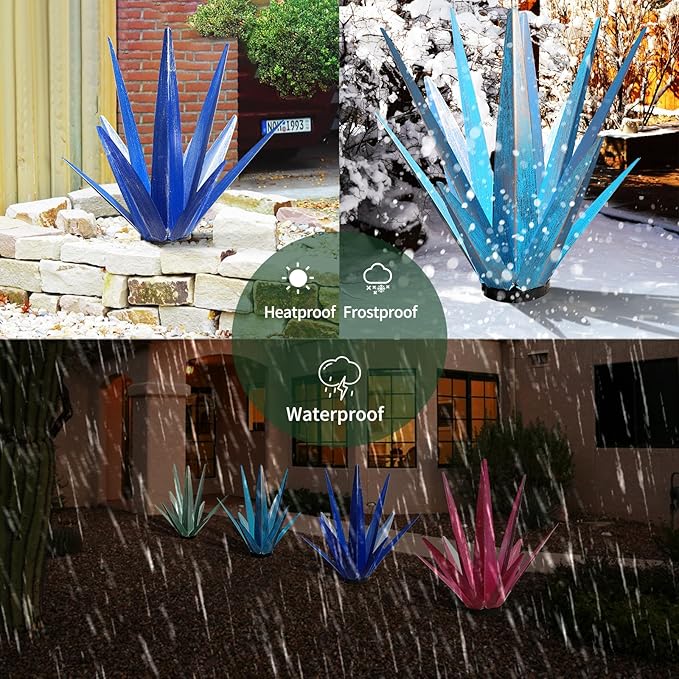 Large Tequila Rustic Sculpture, Rustic Metal Agave Plants for Outdoor Patio Yard, Home Decor Hand Painted Metal Agave Garden Yard Statue, Outdoor Lawn Ornaments Yard Stakes (Rose Red - M)