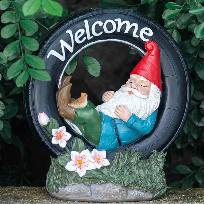 WONDER GARDEN Gnome Garden Decor for Outside - Welcome Gnome Solar Powered LED Light Outdoor Decor, Gnomes Statues Outdoor Funny Resin Garden Sculpture Decorations for Patio, Lawn
