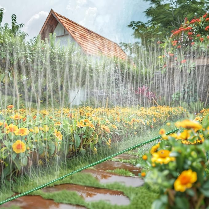 50ft Sprinkler Soaker Hose - Kink-free, Save Water, Flexible - Heavy Duty Three Tube Flat Watering Hose for Garden Yard Lawn Irrigation, With 15 Stakes