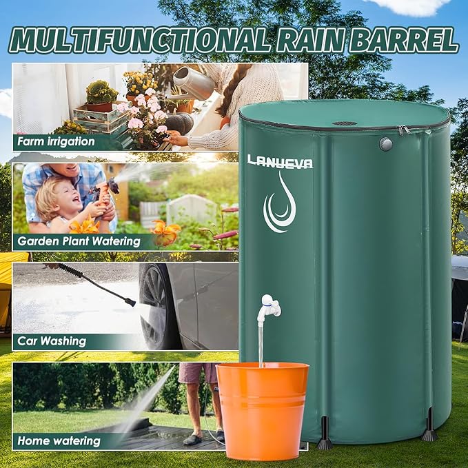 LANUEVA 100 Gallon Collapsible Rain Barrel, Rainwater Collection System with 2 Spigots, Overflow Kit and 2 Hoses, Portable Water Storage Tank with Scale Mark for Garden Plant Watering, Farm Irrigation