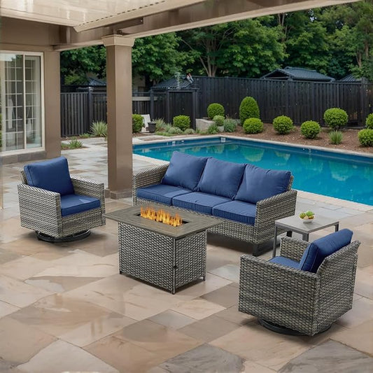 5 Piece Wicker Patio Furniture with Fire Pit Table - Outdoor Conversation Set with 50,000 BTU Fire Pit, All Weather Rattan Patio Set for Deck Backyard Garden - Grey Wicker Blue Cushion