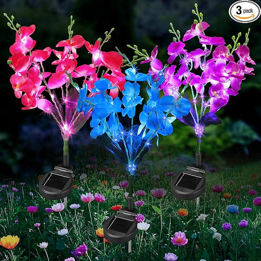Solar Garden Lights, Solar Lights Outdoor Waterproof with Phalaenopsis Flower, 3 Pack Solar Powered Outdoor Lights,Garden Lights for Outside,Pathway Patio Yard Decor,Gifts for Mothers Day Mom Women