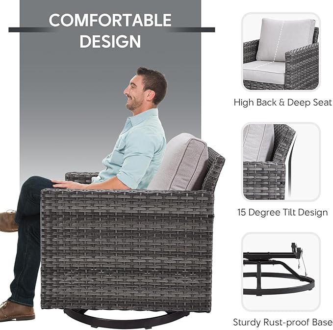 7 Piece Wicker Patio Furniture Set - Outdoor Swivel Rocker Chairs Set with Coffee Table, Side Table, 3 Seat Sofa & Ottomans, Small Patio Conversation Sets for Balcony Deck - Grey/Beige