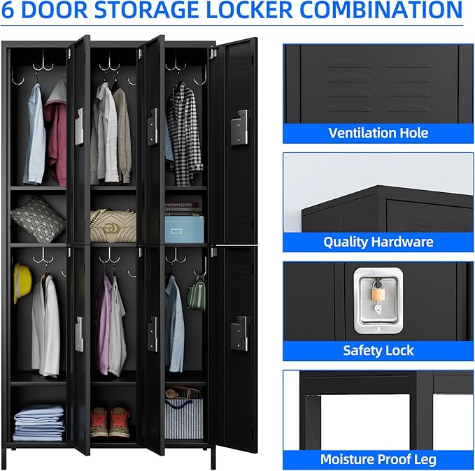 METAN Metal Locker for School Office Gym Bedroom,6 Doors Steel Storage Locker Cabinet for Employees,Industrial Storage Locker with 1 Shelves,Assembly Required (6 Door-Black)