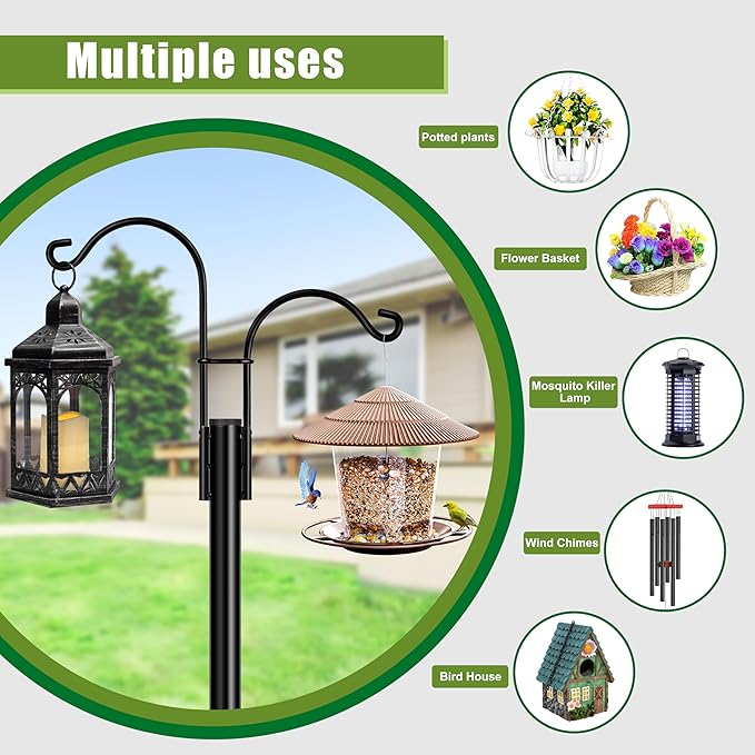 XDW-GIFTS Double Shepherds Hooks for Outdoor, 2-Pack Heavy Duty Garden Pole for Hanging Bird Feeder, Plant Baskets, Solar Light Lanterns, Garden Plant Hanger Stands with 5 Base Prongs