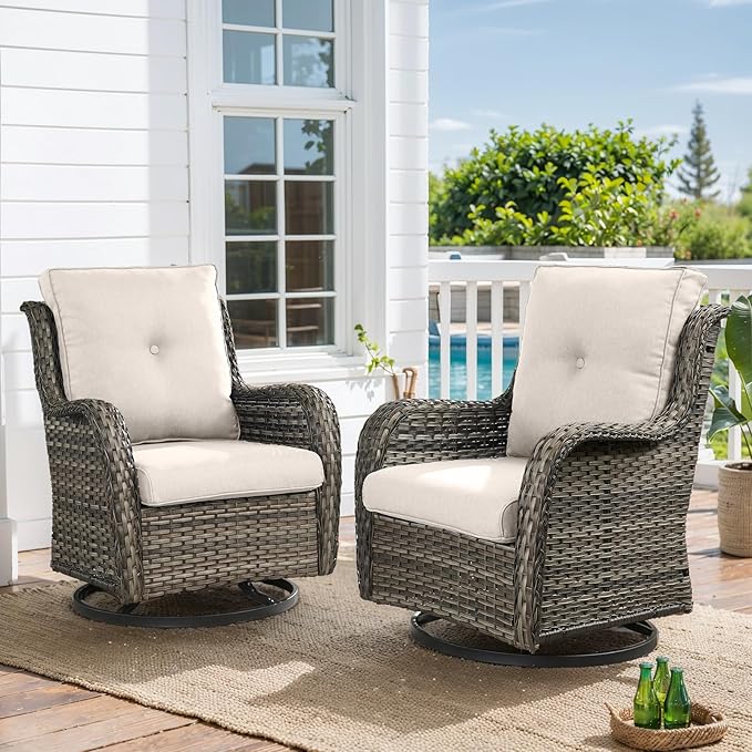 HUMMUH Outdoor Swivel Rocker Wicker Patio Chairs Set of 2, Rattan Rocking Chair Furniture Set (Grey,Beige)