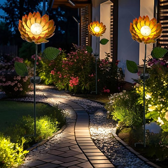 VCUTEKA Solar Garden Lights Metal Flower Decor Colorful Yellow Flowers Solar Pathway Light with LED Cracked Crystal Ball Outdoor Decorative Stake for Patio Yard Lawn