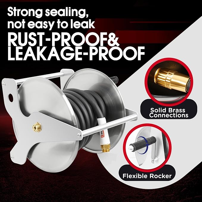 Stainless Steel Garden Hose Reel, Wall Mount or Floor Mounted with 3/4 Inch Brass Fittings Lead hose, 135 Ft Capacity with Crank Handle & portable hose reels for outside