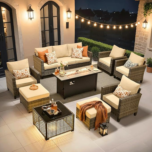 ovios 9 Pieces Patio Furniture Set with 54" Fire Pit Table, Outdoor Sofa Couch with Solar Lights Table Comfy Cushions, Modern Deep Seat Wicker Rattan Conversation Set, Beige