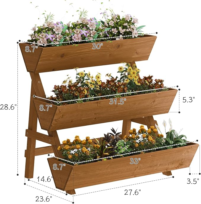 3-Tiers Wooden Raised Garden Bed,Wood Planter Box for Vegetable,Flower Rack,Flower Pot Stands,Indoor Outdoor Gardening Planting Beds (Brown, Large)
