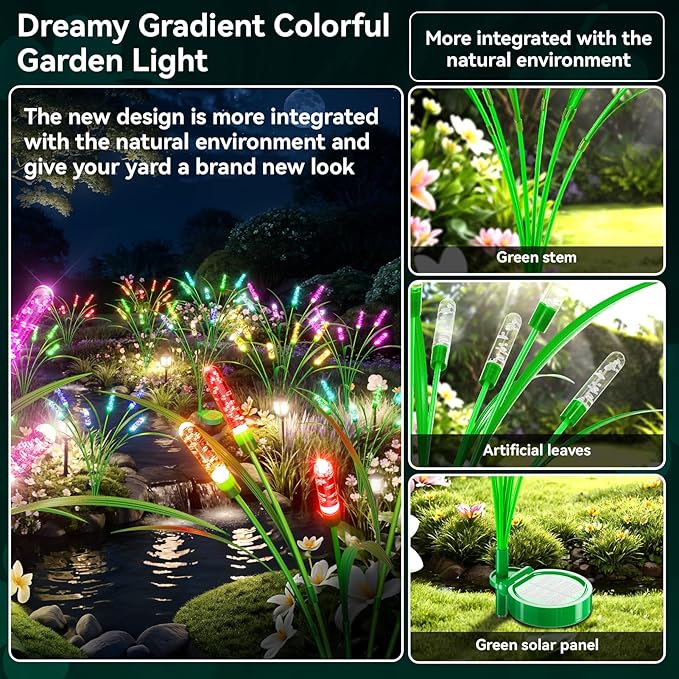 2 Packs Reeds Solar Garden Light With Multiple Color Gradients, 30 Inch, 12 Bulbs, Intelligent Control System, IP65 Waterproof, Outdoor Solar for Decorating Pathway