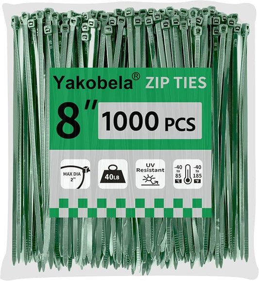 Green Zip Ties 8", 1000 Pack, Cable Ties UV Resistant, Wire Ties 40 lbs Tensile Strength for Garden, Plants, Fence, Holiday Lights, Yakobela