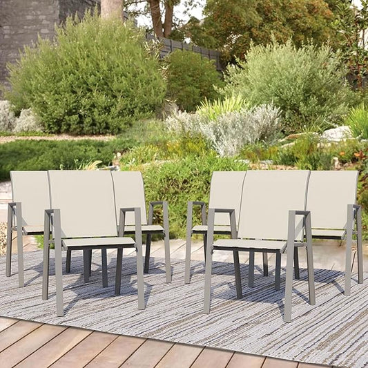 Outdoor Patio Chairs Set of 6, Ivory Beige Stackable Outdoor Chairs, Lightweight Patio Set with High Back, Metal Dining Chair for Lawn, Garden, Yard and Deck