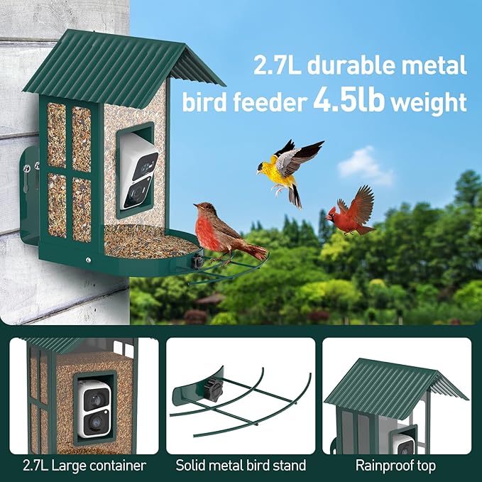 Soliom- Bird Feeder with Camera, 5W Solar Powered, AI Identify Species, Smart Wild Bird Watching, 2K Live View, Instant Arrival Alerts,Large 2.7L Seed Capacity, Metal Squirrel Chew-Proof - BF08 Green