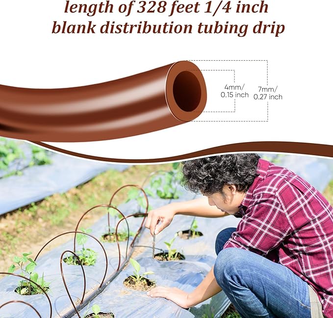 Treela 328 ft Drip Irrigation Hose 1/4 Inch Blank Distribution Tubing Drip Irrigation Tubing Water Hose for Garden Flower Bed Greenhouse Flower Patio Lawn (Brown)