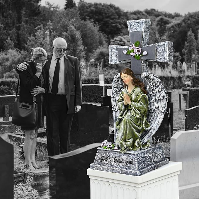Yiosax-Solar Angels for Cemetery-Garden Statue Lights Decor - Before The Cross on One Knee Wings Praying Angel Figurine Bless You Cemetery Patio Lawn Yard Porch Decorations