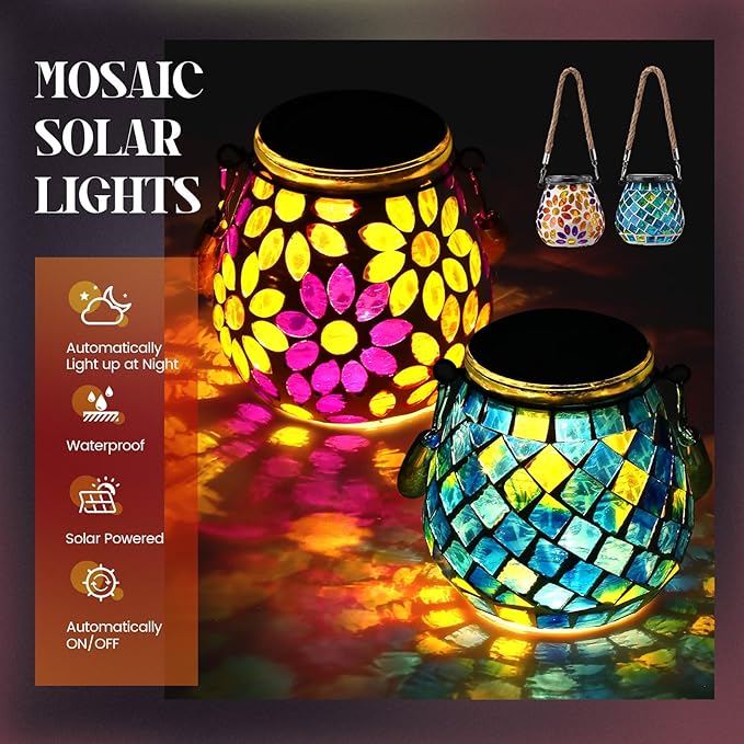 4 Pack Mosaic Solar Lights Outdoor Hanging Lanterns Waterproof Mosaic Lamp Decorative Solar Lanterns Night Lights for Garden, Patio, Yard, Holiday Party Decoration, 4 Pattern