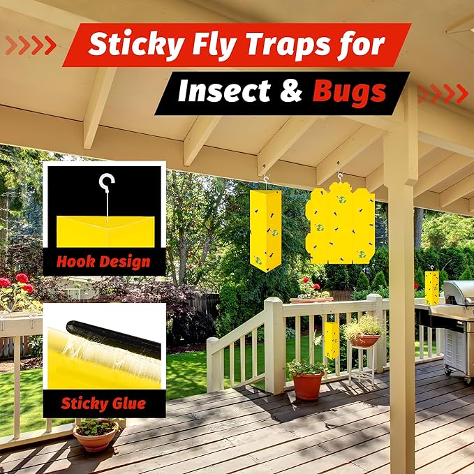 LULUCATCH Sticky Fly Traps, 10 Pack Fly Catcher Fungus Gnat Traps, Hanging Yellow Sticky Traps for Flying Insect Fruit Fly, Non Toxic Odorless Bug Catcher, Pet Safe Pest Control