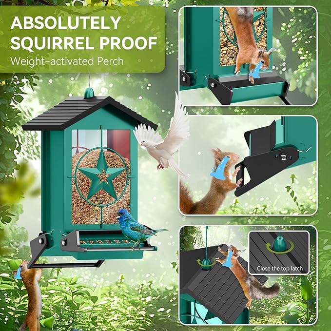 Squirrel Proof Bird Feeder for Outdoors Hanging, Metal Wild Bird Seed Feeder with Bilateral Weight-Activated Perches, 5LB Large Capacity Wild Bird Feeders for Outside Finch, Cardinal, Blue Jay