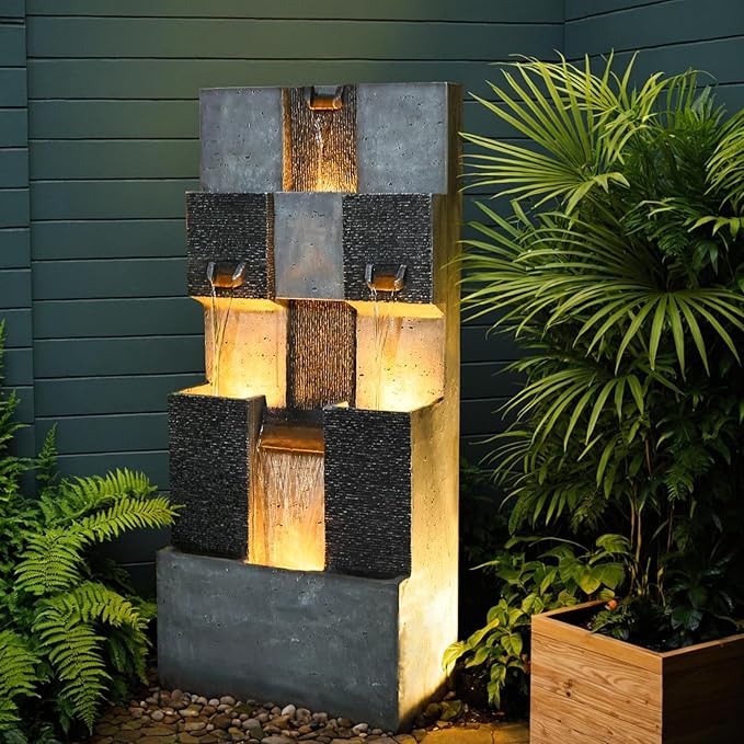 44.8" H Modern Outdoor Water Fountain with LED Lights and Pump, Mutiply-Tier Standing Cascading Waterfall - Modern Design for Garden,Patio,Yard, Multi-Level Outdoor Decor (Gray)