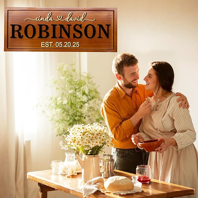Personalized Wooden Family Name Sign Custom Established Date Plaque Rustic Last Name Wall Decor Gift for Wedding Anniversary Couples Friends Housewarming