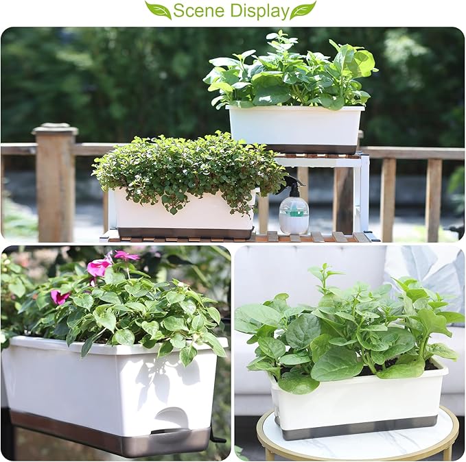 Window Box Planter 8 Pcs, 17 Inches Rectangle Flower Pots with Drainage Holes and Trays, Vegetable Planters for Windowsill Patio Garden Balcony Home Porch Yard Indoor Outdoor (White)