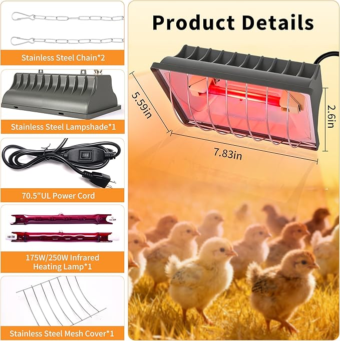 Chicken Coop Heating Lamp, 250W Brooder Heater with Guard,Waterproof Ceramic Joint Heat Lamp Bulb,Adjustable Temperature(175W/250W) and Height,Suitable for Poultry, Livestock & Small Pets