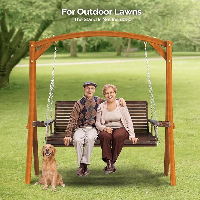 VINGLI XL Size Patio Wooden Porch Swing Outdoor with Cup Holders & Phone Slots, Heavy Duty 880 LBS Hanging Swing Chair Bench with Hanging Chains for Yard, Lawn, Garden (5 FT Pro, Rustic)