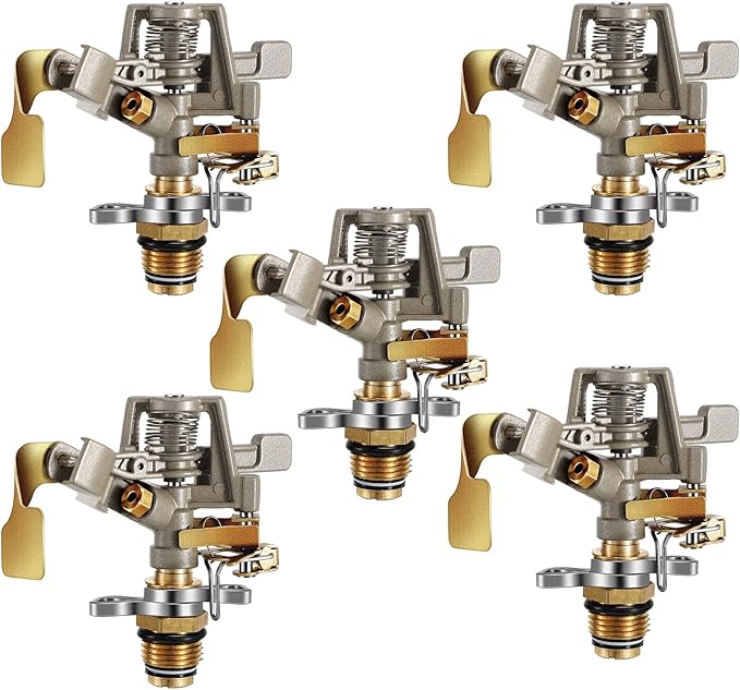 Impact Sprinkler Head Brass Pulsating Sprinkler Lawns Garden Adjustable 360 Degrees Watering Heavy Duty Sprinkler Head with Nozzles for Yard and Grass Irrigation (5 Pieces)