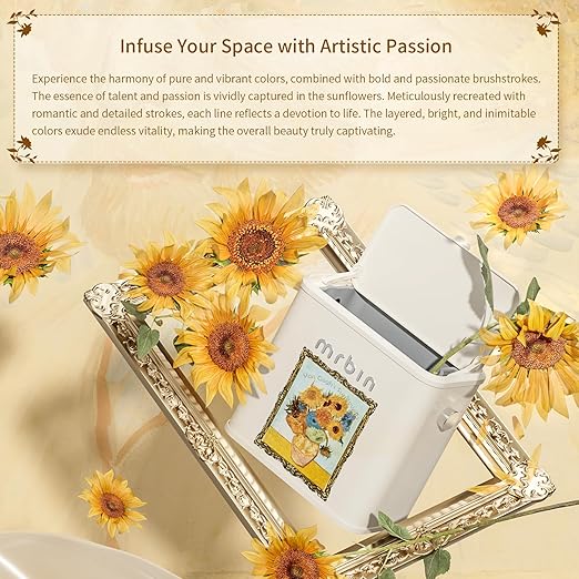 Mrbin Metal Compost Bin Countertop with Lid, Hanging Trash Can for Kitchen Cabinet Door, Wall Mounted Indoor Recycle Basket Food Waste Scrap Dustbin for Kitchen Under Sink with Inner Bucket, Sunflower