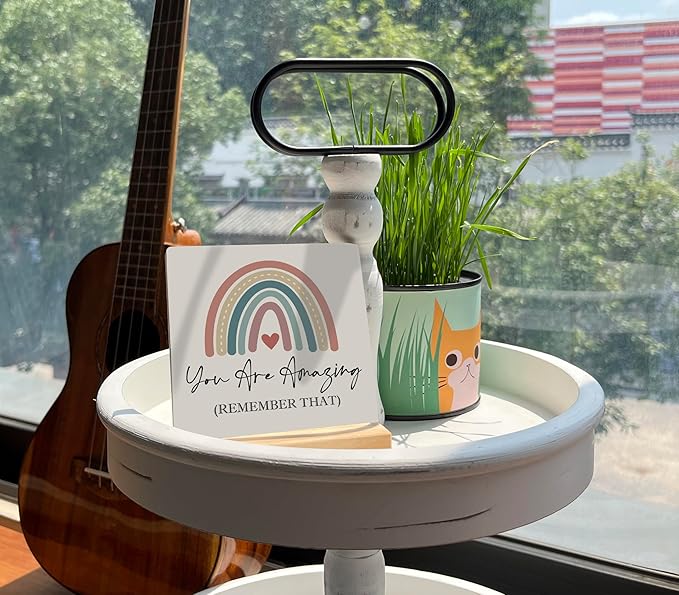 Primitive Wooden Sign, You are Amazing Remember That, Desk Plaque with Wooden Stand 4 x 4.3 inches, Rustic Home Decor, Farmhouse Sign, Inspirational Quotes Gifts for Friend Family, Cheer Up Gift B