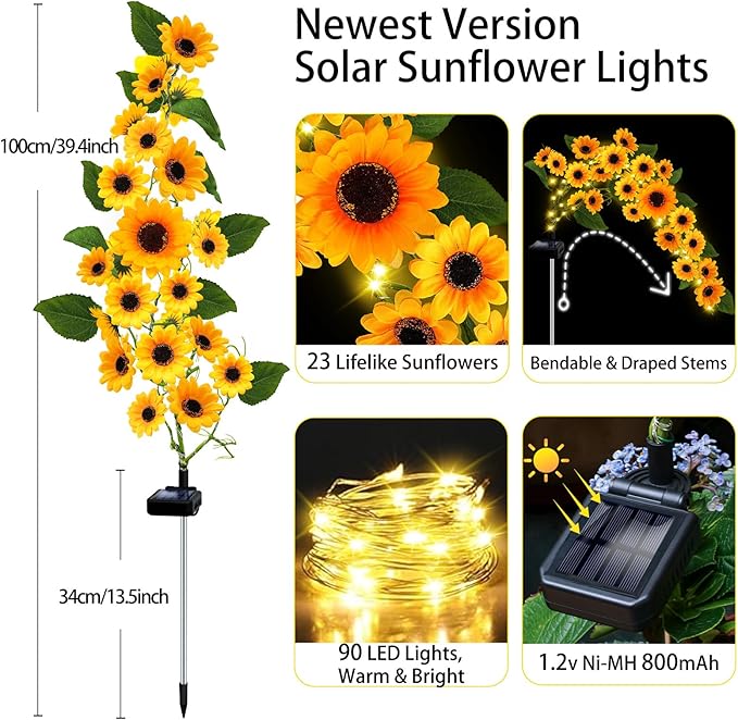 Solar Garden Lights Outdoor, 2 Pack Sunflower Lights with 46 Lifelike Sunflower, Waterproof 90 Bright LED Fall Garden Decor Solar Flowers for Patio Flowerbed Yard, Gift for Mom