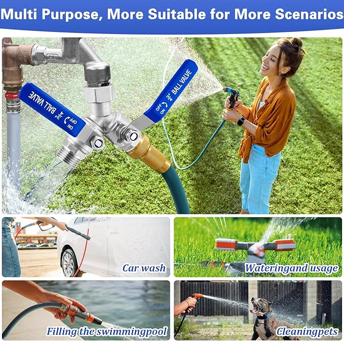 Garden Hose Splitter 2 Way Heavy Duty, 304 Stainless Steel Water Hose Splitter with Long Handle, Lead-free Y Water Garden Hose Splitter, 3/4" GHT Thread Full Flow 2 Way Water Hose Splitter