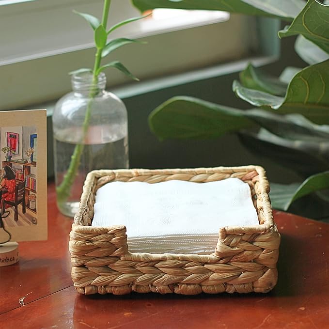 CLAYNIX Rattan Napkin Holders for Table, Napkins Holder For Paper Napkins, Kitchen Luncheon Paper on Boho Dining Countertop - Square