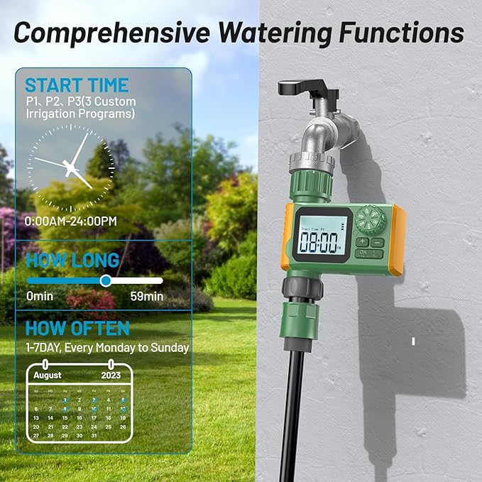 Sprinkler Timer, Hoses Timer for Watering, Outdoor Irrigation Timers, Water Scheduling Device for Tube Programmable with Auto/Manual/Rain-Delay System, Water Hoses Timers for Yard, Lawn, Pool(Green)