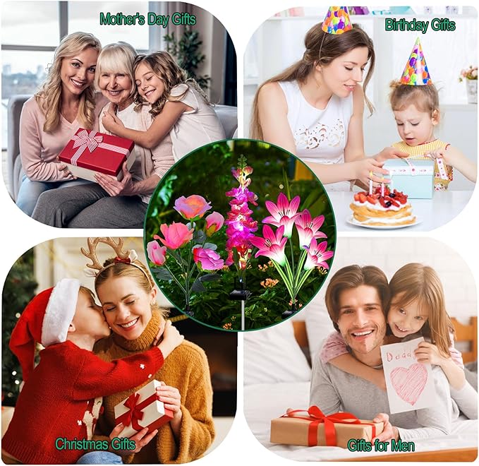 Solar Flowers Lights, 6 Pack Lily Rose Delphinium, Waterproof Gardening Gifts for Mom Grandma Women, Multi-Color Changing Outdoor Lights for Garden Yard Patio Lawn