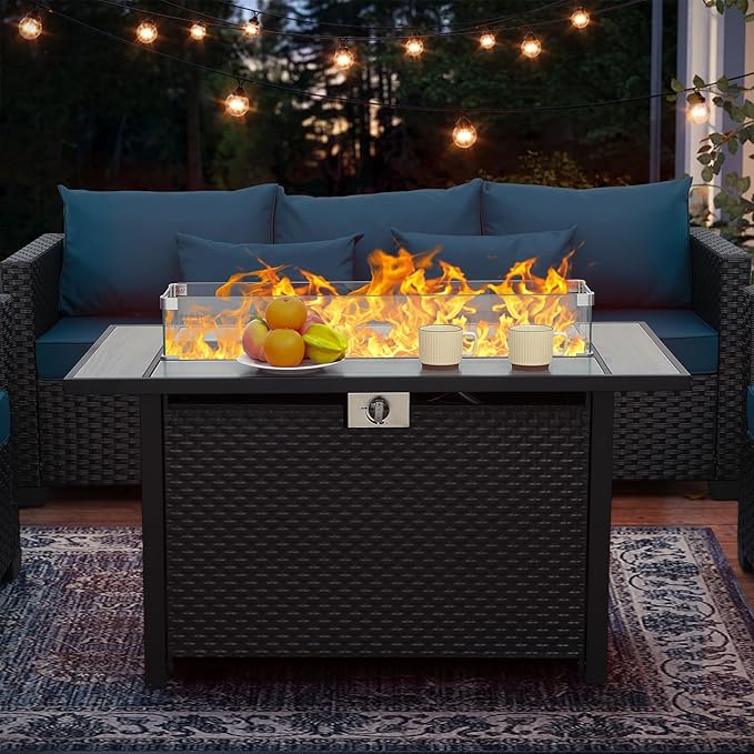 Rattaner 45 Inch Fire Table for Outside 60000 BTU Steel Gas Pit Outdoor with Woodgrain Marble Tabletop Glass Wind Guard Cover and Blue Crystal Beads