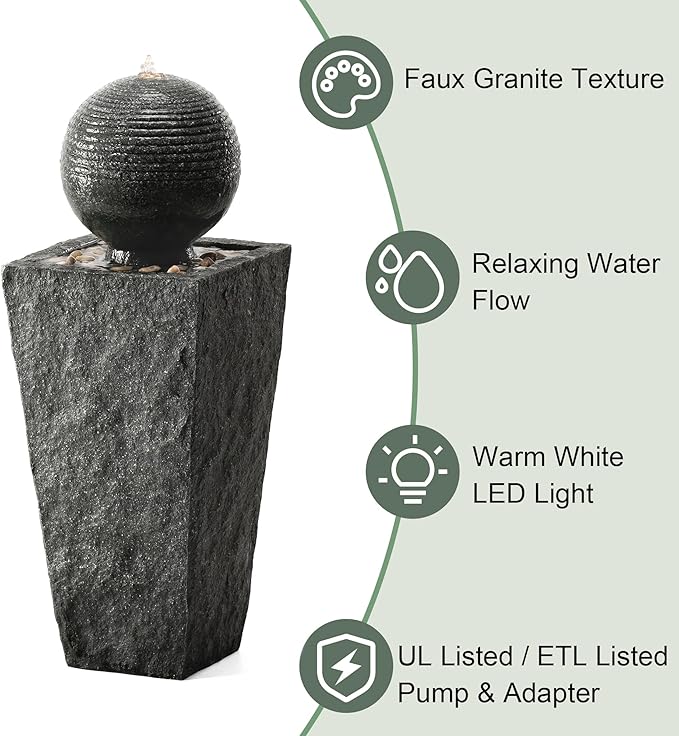 Glitzhome Outdoor Water Fountain with LED Light, Decorative Sphere Pedestal Outdoor Fountain with Submersible Pump, Vintage Waterfall Fountains for Garden Patio Deck Porch, 31.69”H