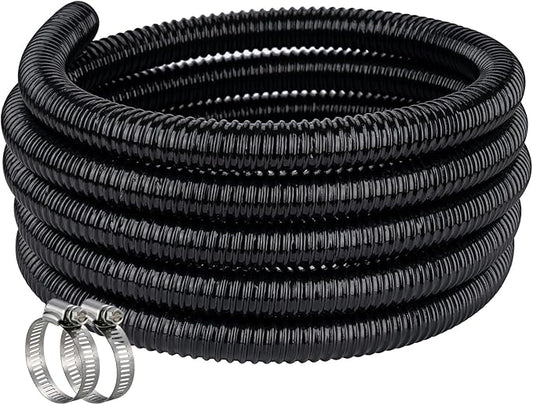 Pond Hose ID 2” × 10ft Black Corrugated Flexible Reinforced PVC Hose Vinyl Tubing for Pond Pump Fountain Garden Waterfall, Non-toxic & Kinkproof, with 2 clamps