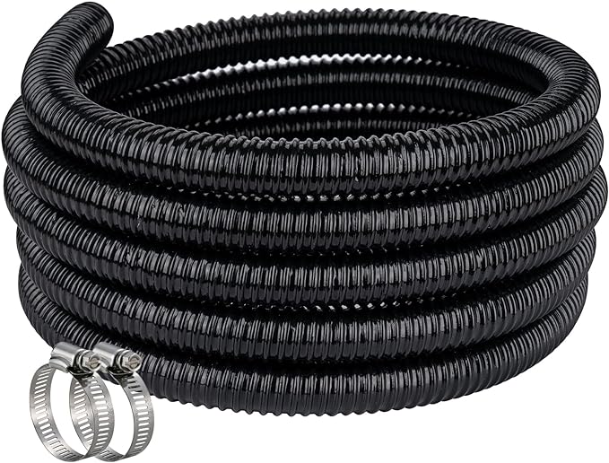 Pond Hose ID 1-1/2” × 10ft Black Corrugated Flexible Reinforced PVC Hose Vinyl Tubing for Pond Pump Fountain Garden Waterfall, Non-toxic & Kinkproof, with 2 clamps, 1.5 in 38mm id