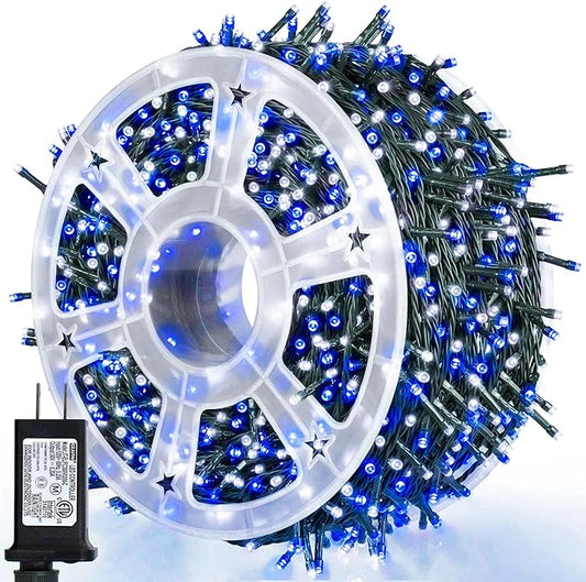 164ft 500 LED Blue White Christmas Lights Outdoor,8 Modes String Light Indoor Bedroom,Clear Wire Twinkle Lights Plug in for Christmas Outside Tree Yard Wedding Decorations(164FT,Blue&White)